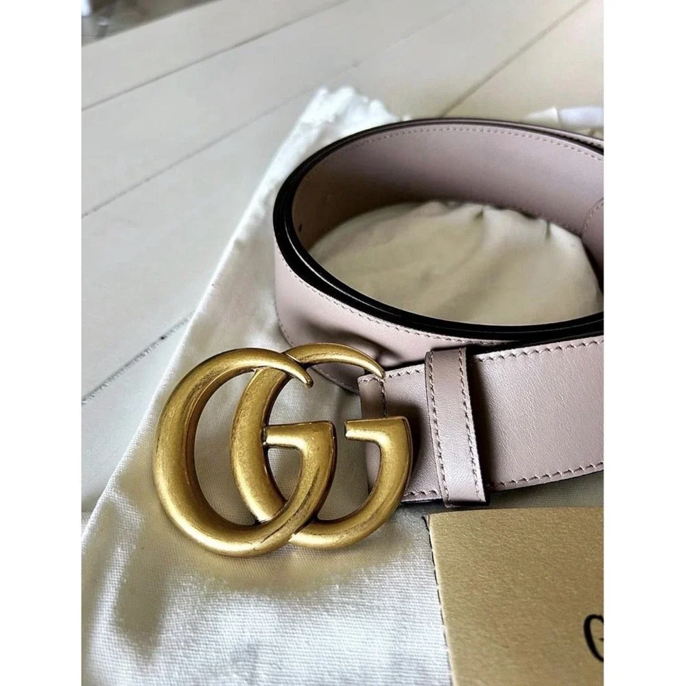 Authentic Gucci Marmont Taupe Dusty Pink GG Belt Gold Buckle size 38 w/ Bag